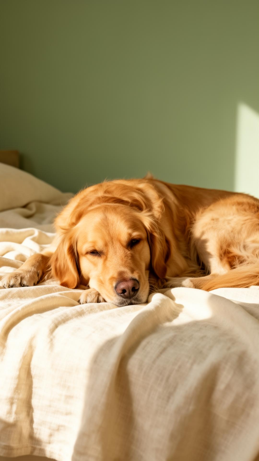 A golden retriever resting in soft morning light